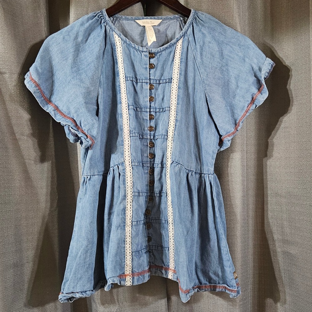 Matilda Jane Light Blue Denim Lace-Trim Button Front Top